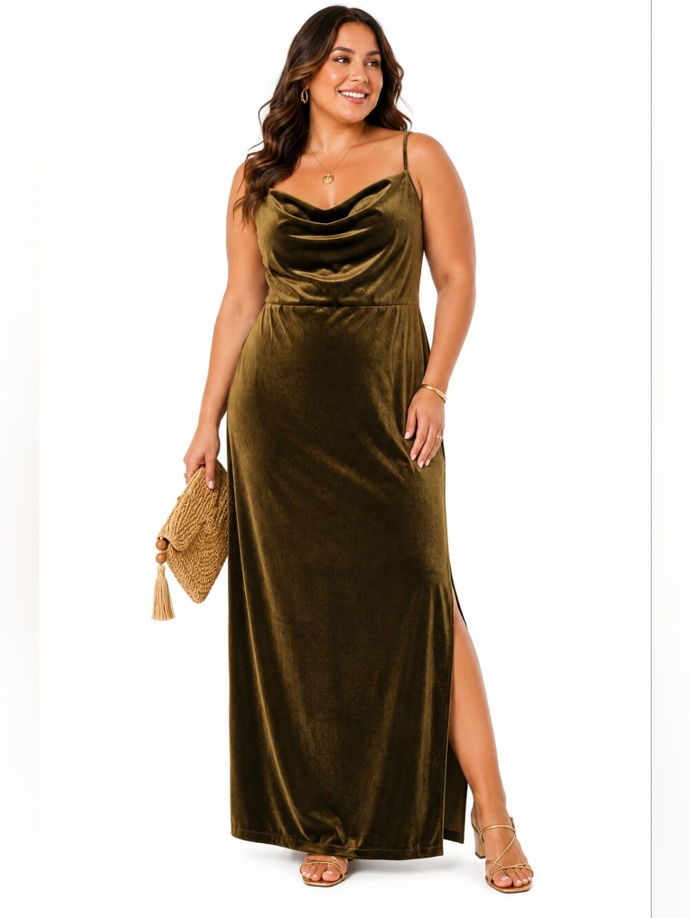 Just Taylor Dress Size 16 Olive Velvet Cowl Neck Midi Slip Cocktail